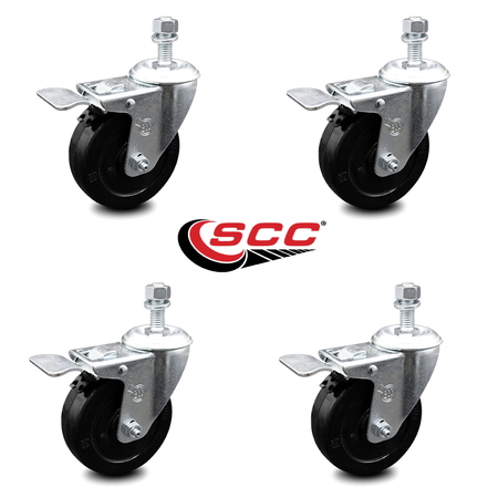 Service Caster 4 Inch Soft Rubber Wheel Swivel 12mm Stem Caster Set with Total Lock Brake SCC-TSTTL20S414-SRS-M1215-4